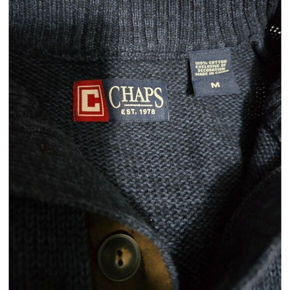 Chaps Navy Blue Mens Pullover Sweater W/ Brown Suede Elbow Patches Button Collar - Picture 7 of 8